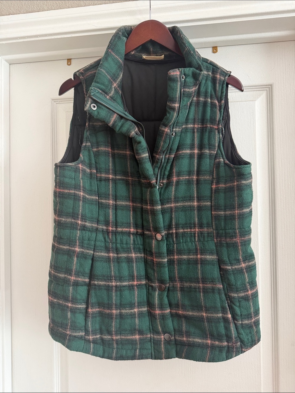 Hummingbird Green Plaid Quilted Vest with Stand Collar